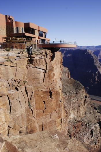 CRW_3644.JPG - This is the famous - to some, infamous - Skywalk  over the Grand Canyon.  The horseshoe shaped structure has a glass floor, so it looks and feels like you are walking out into nothing.  Really spooky!
